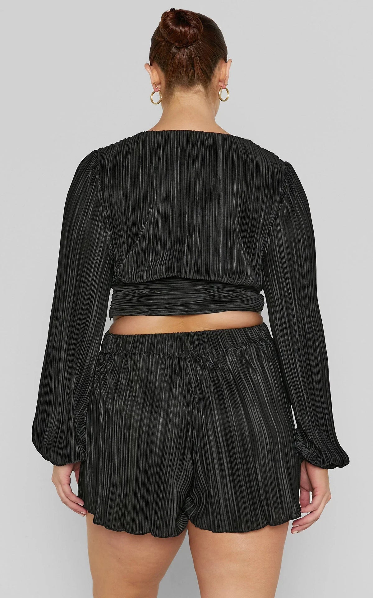 Jondra Blouse - Ruched Front Long Sleeve Plisse Blouse in Black