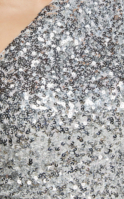 Blanchett Midi Dress - Sequin One Shoulder Gathered Asymmetric Midi Dress in Silver