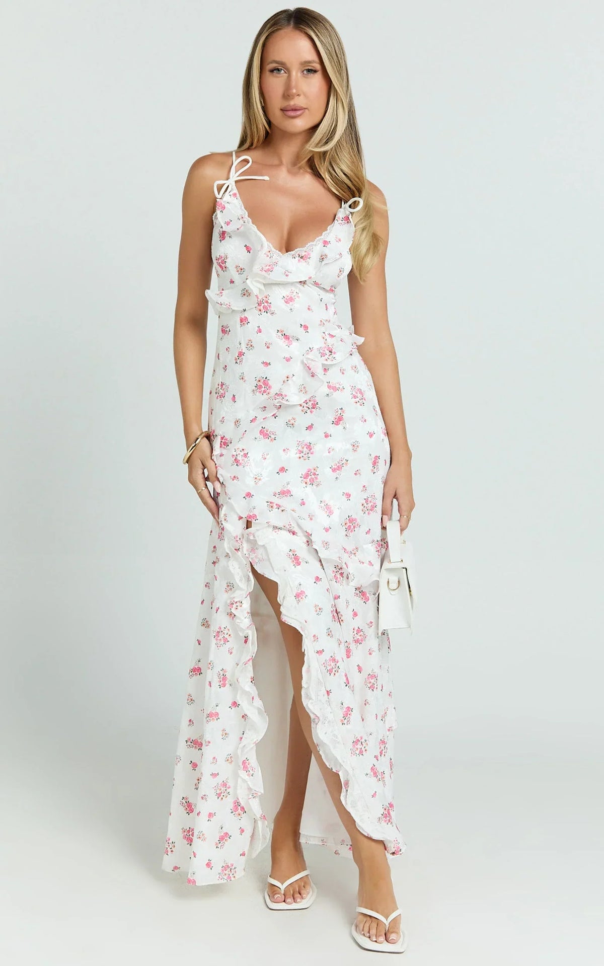 Justine Maxi Dress - Jacquard V Neck Ruffle Tiered Dress in Romantic Ditsy Print