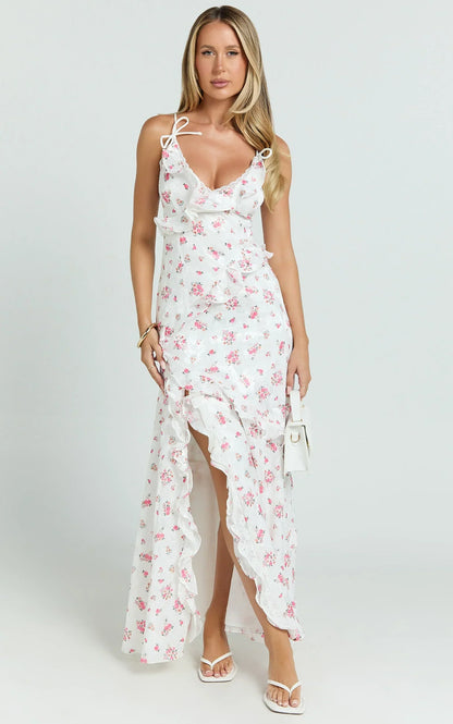 Justine Maxi Dress - Jacquard V Neck Ruffle Tiered Dress in Romantic Ditsy Print