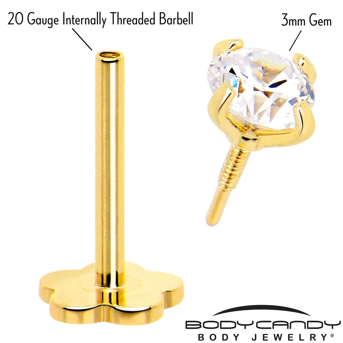 14k Yellow Gold Flat Back Earring 20G 3mm CZ Floral Reversible