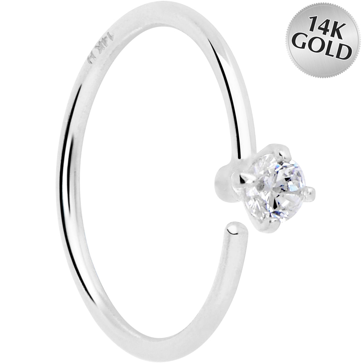 14k Solid White Gold Bendable Nose Hoop 22G 5/16 with 2mm CZ
