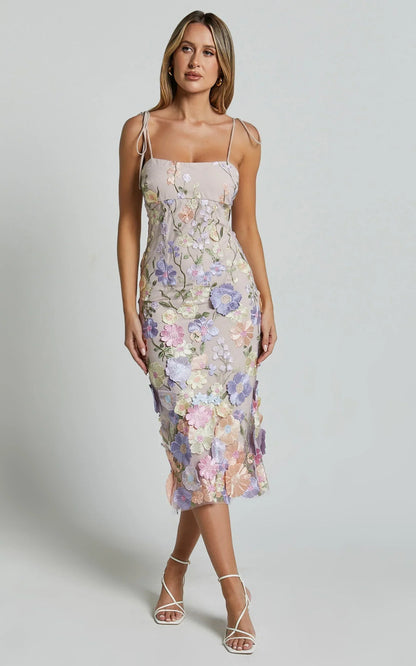 Jamich Midi Dress - Straight Neck Tie Strap Pencil Dress in Soft Pink