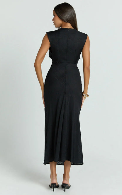 Beatrice Midi Dress - Plunge Neck Tie Cut Out Front Dress in Black