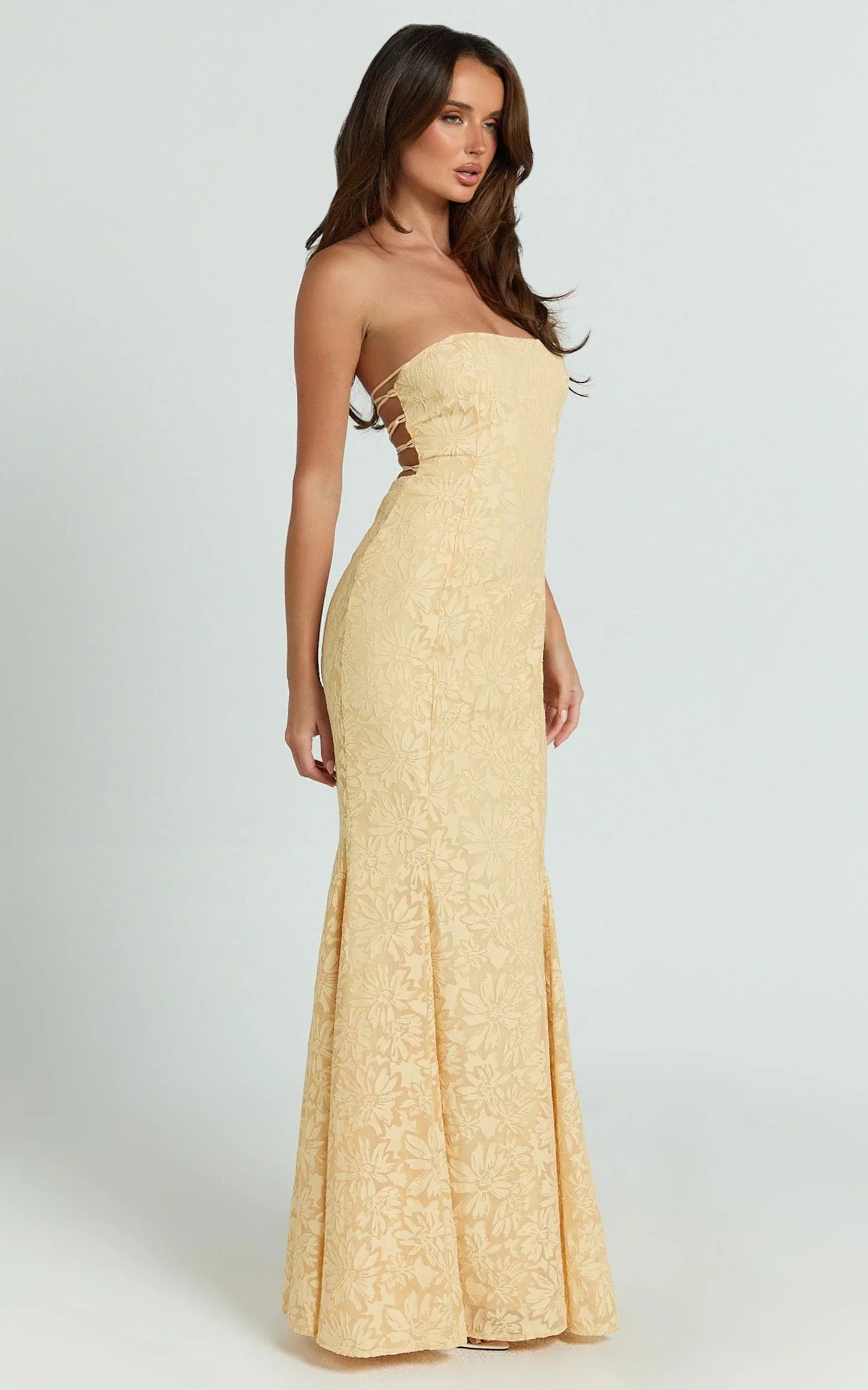 Belrose Maxi Dress - Jacquard Square Neck Fit And Flare Dress in Yellow