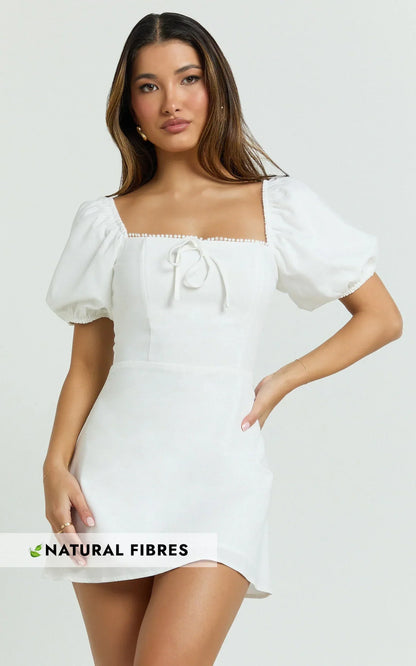 Jules Mini Dress - Puff Sleeve Square Neck Fit And Flare Dress in White