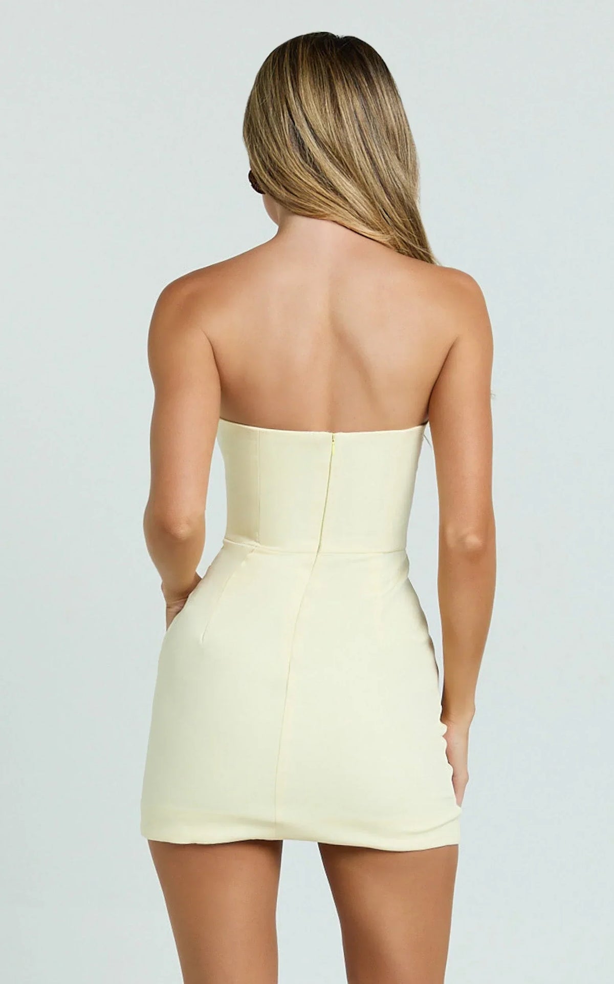 Avery Mini Dress - Strapless Corset Bodice Draped Dress in Lemon