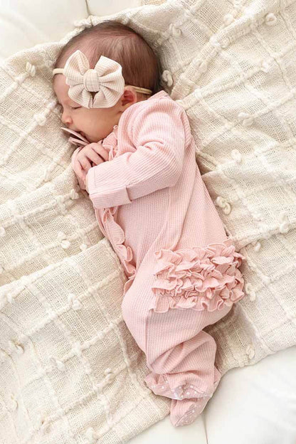 Lovely Pink Bamboo Waffle Ruffle Zipper Footie