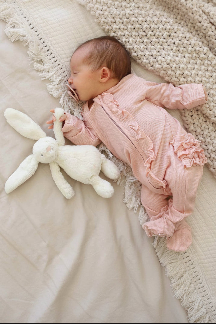 Lovely Pink Bamboo Waffle Ruffle Zipper Footie