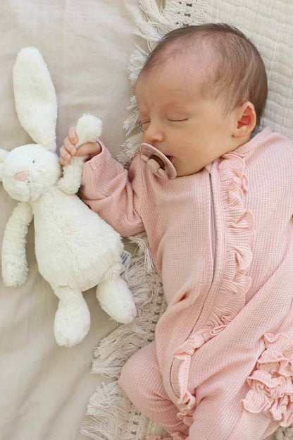 Lovely Pink Bamboo Waffle Ruffle Zipper Footie