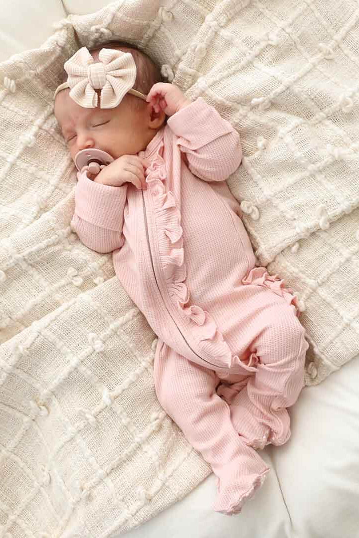 Lovely Pink Bamboo Waffle Ruffle Zipper Footie