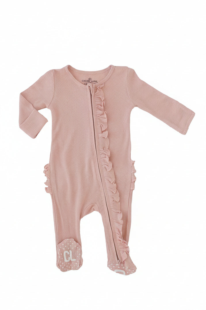 Lovely Pink Bamboo Waffle Ruffle Zipper Footie