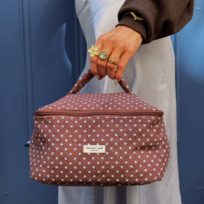 Travel Towel Vanity Case - Brown & Blue Polka Dot