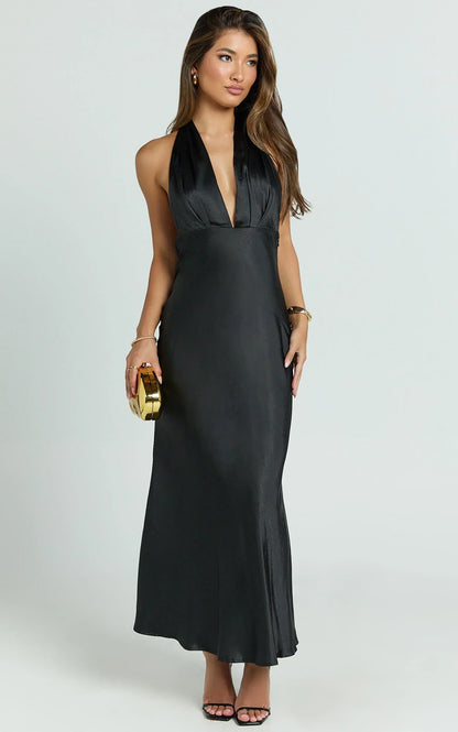Aiyana Midi Dress - Halter Neck Satin Dress in Black