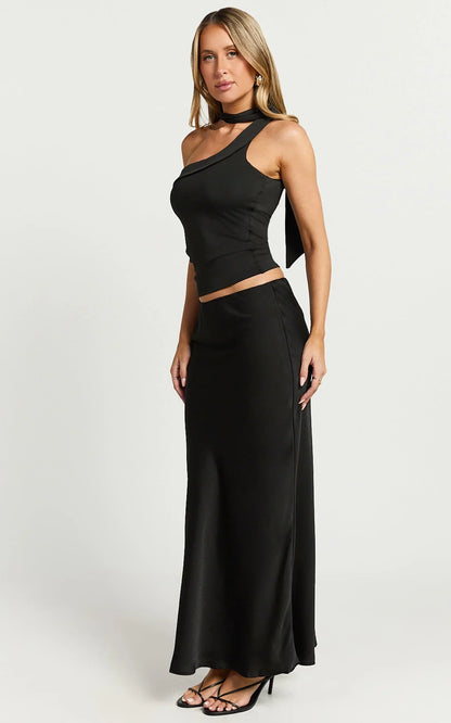 Augustine Maxi Skirt - Low Waisted Bias Cut Skirt in Black