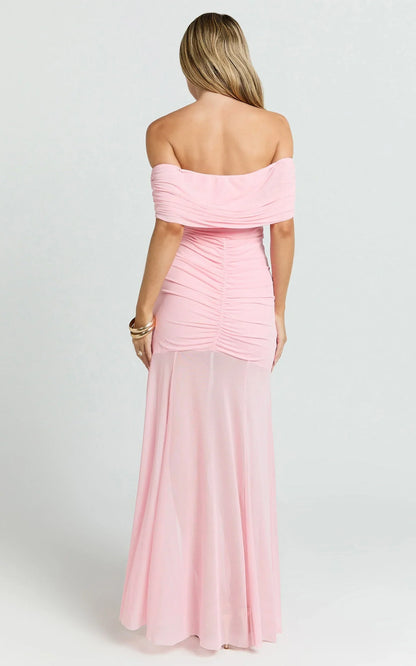 Alanna Maxi Dress - Off Shoulder Ruched Mesh Dress in Pink