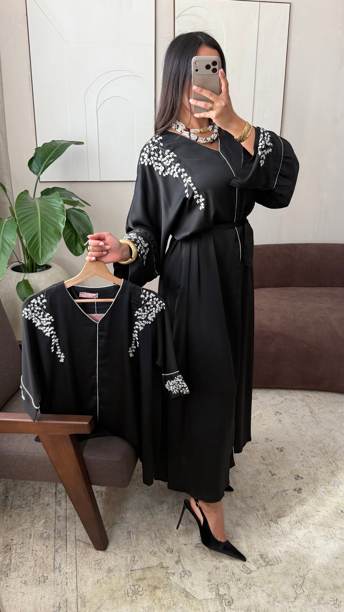 Matchy W Oummi Abaya Enfants Satinee A Fleurs I Noir