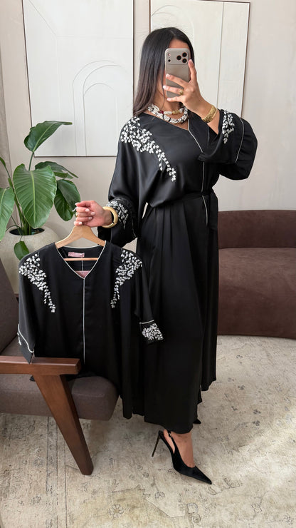 Matchy W Oummi Abaya Enfants Satinee A Fleurs I Noir
