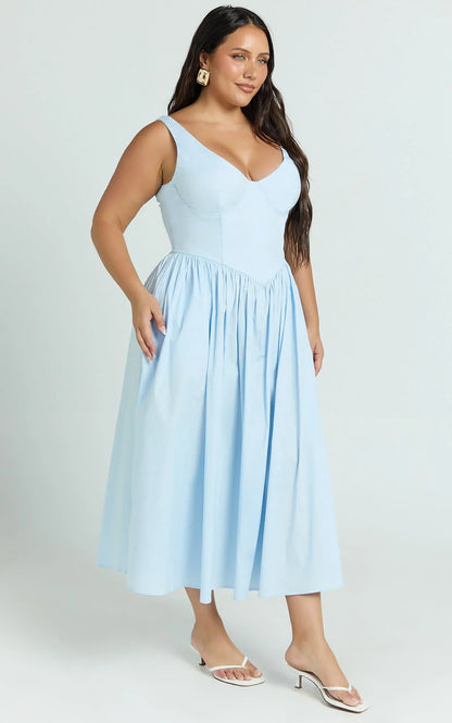 Beckett Midi Dress - Scoop Neck Drop V Waist Gathered Skirt Dress in Blue