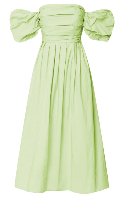 Annie Midi Dress - Off The Shoulder Ruffle Sleeve Pleated Dress in Lime