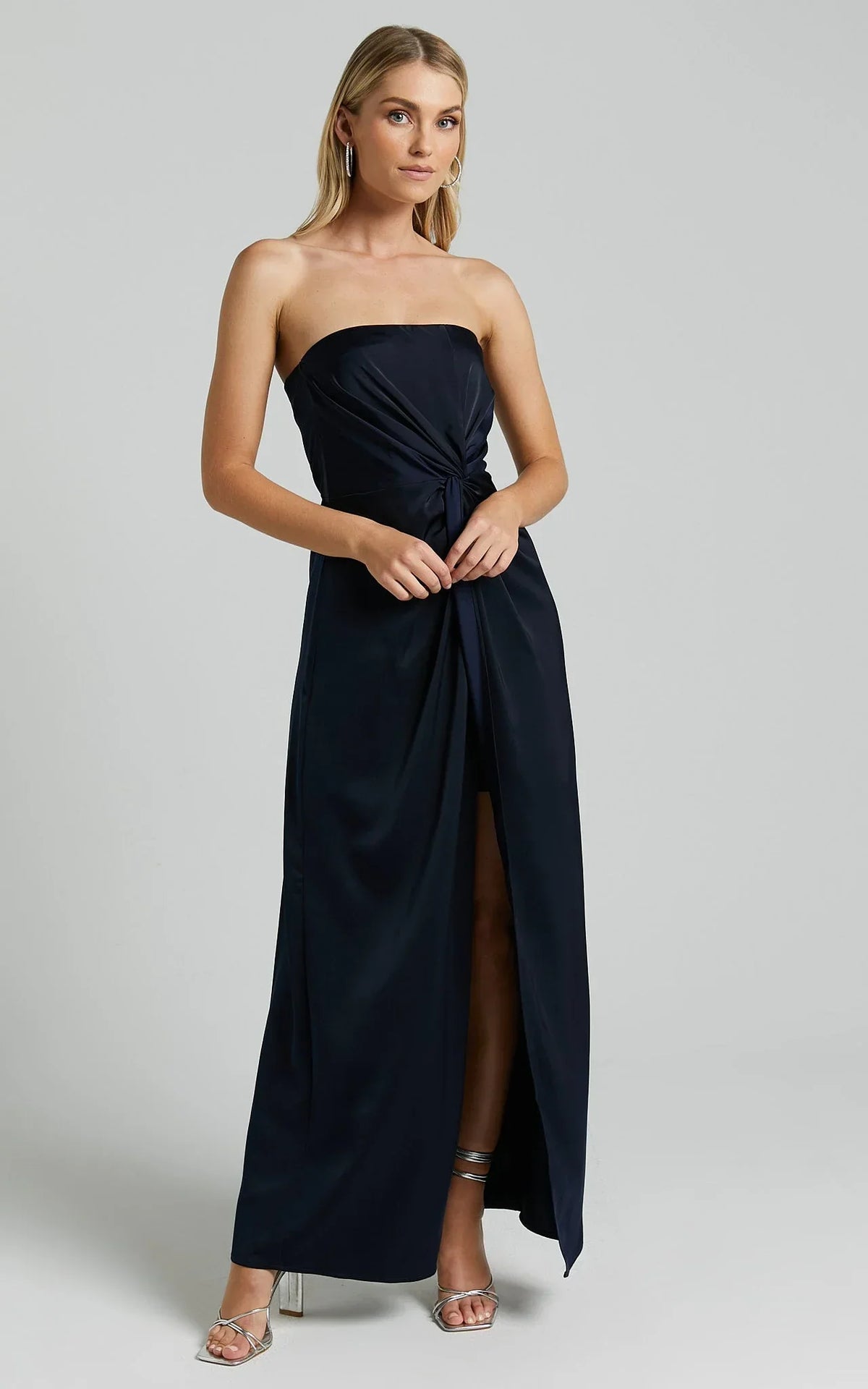 Hathaway Maxi Dress - Strapless Straight Neck Twist Front Split in Navy