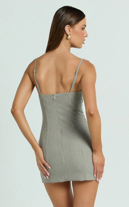 Angela Mini Dress - Sweetheart Neck Bodycon Checkered Dress in Beige Check