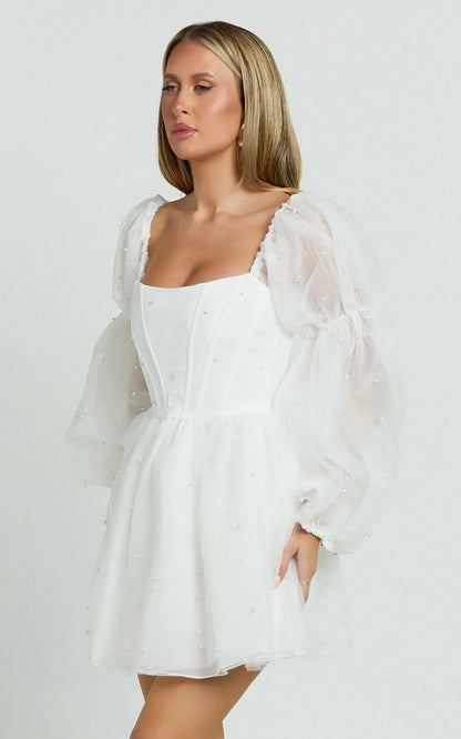 Ingrid Mini Dress - Long Puff Sleeve Pearl Detail Dress in White
