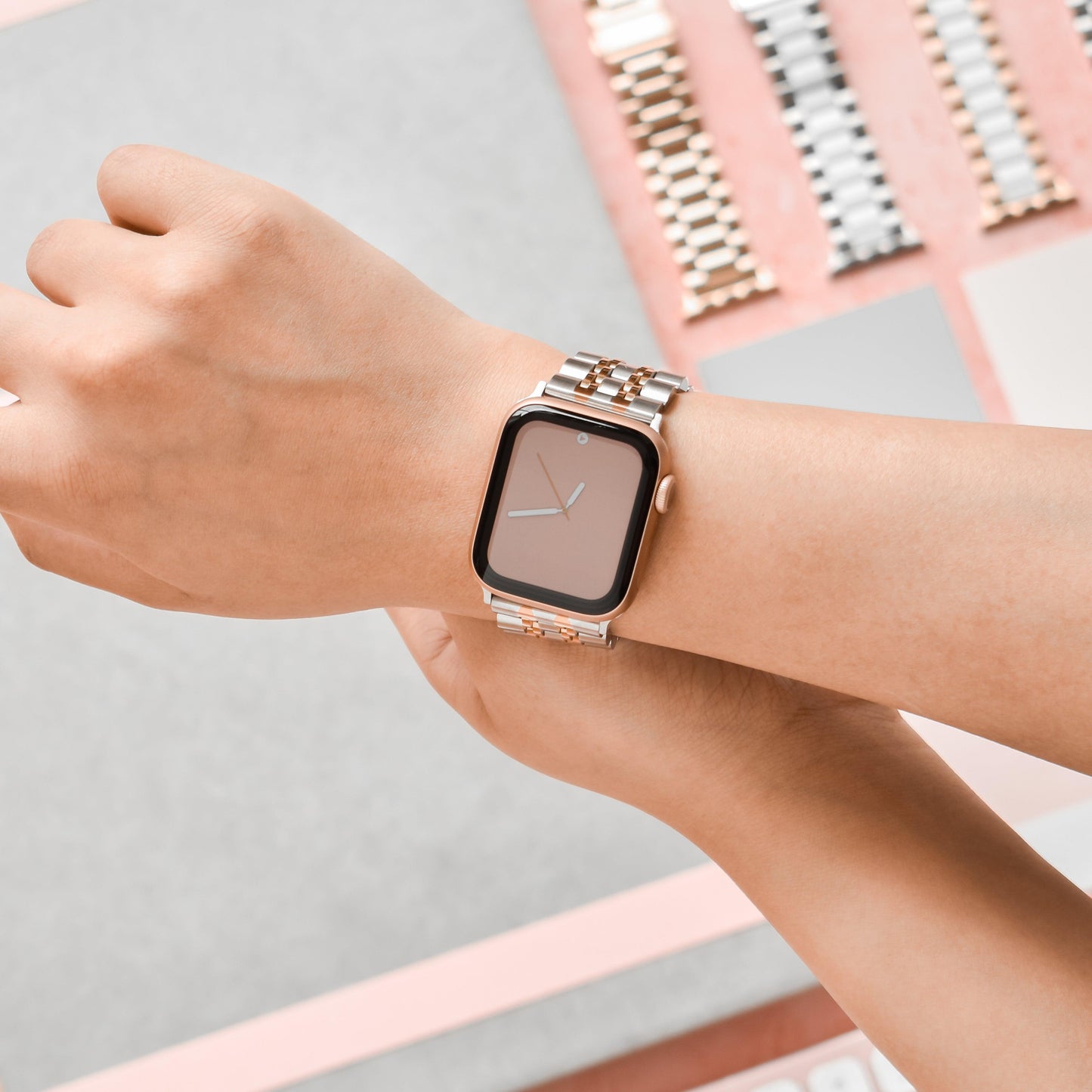 Stainless Steel Apple Watch Strap - Silver & Rose Gold