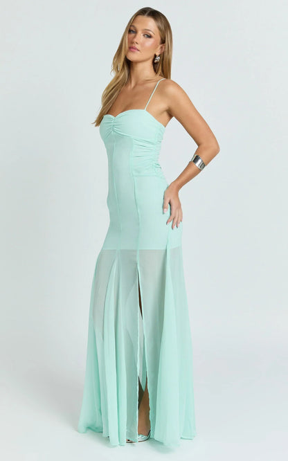 Hudgens Maxi Dress - Georgette Godet Panel Dress in Mint
