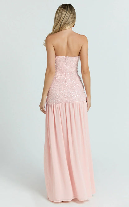 Georgina Maxi Dress - Sequin Strapless Front Split Dress in Pink