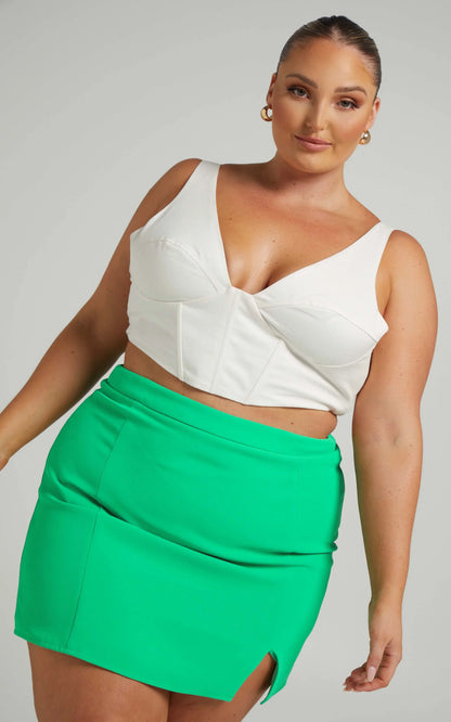 Evelenna Mini Skirt - High Waisted Split Skirt in Green