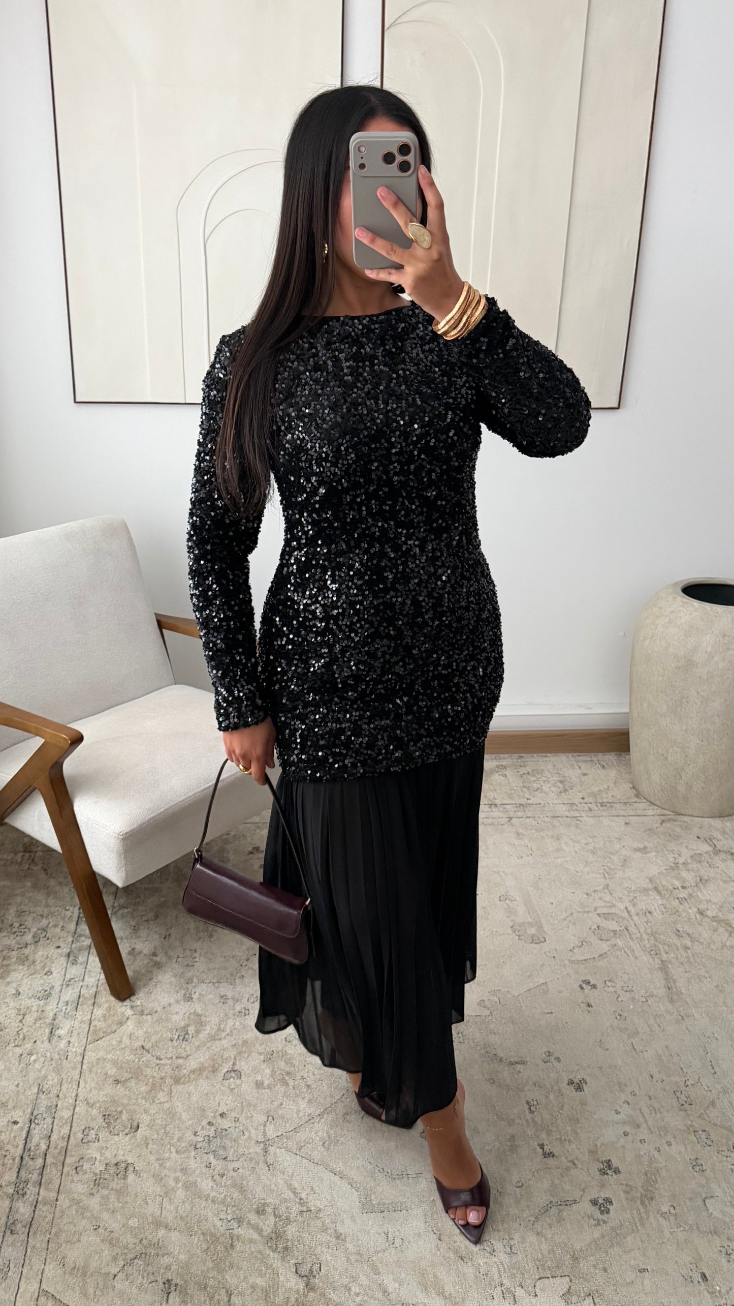 Robe à sequins plissée I Noir