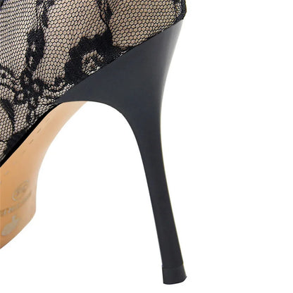 2025 Sexy Black Flower Lace Mesh Pumps Women Pointed Fashion Party Shoes Show Thin High Heels Shoes Women's Office Shoes Shallow