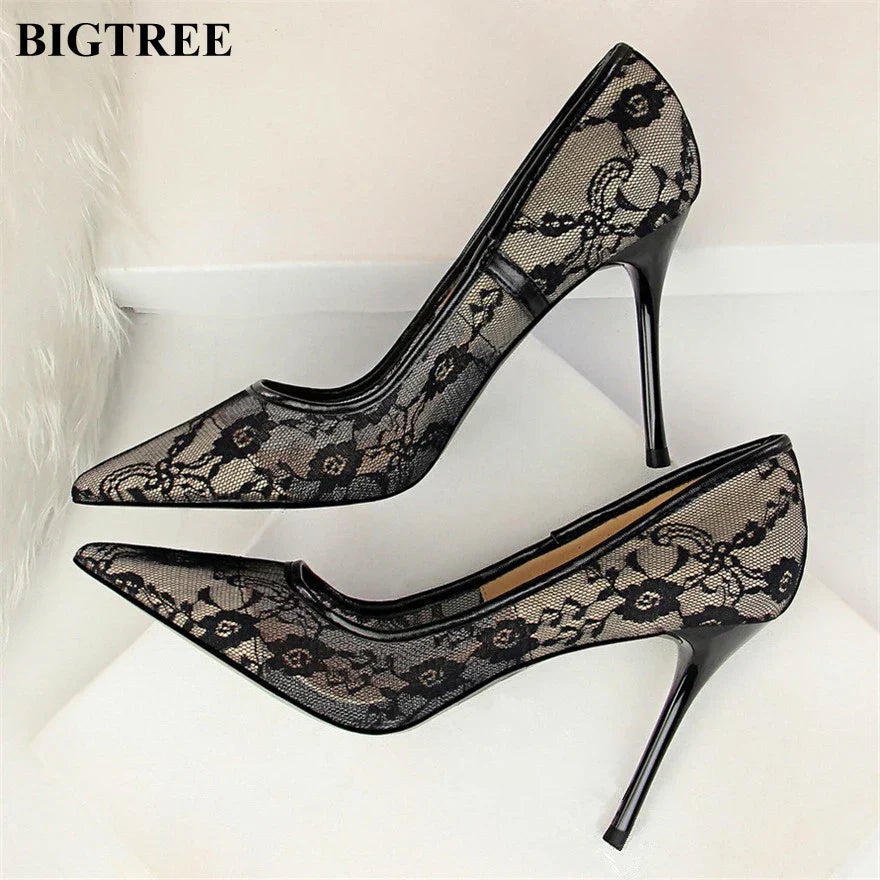 2025 Sexy Black Flower Lace Mesh Pumps Women Pointed Fashion Party Shoes Show Thin High Heels Shoes Women's Office Shoes Shallow