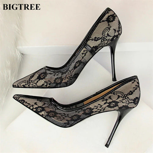 2025 Sexy Black Flower Lace Mesh Pumps Women Pointed Fashion Party Shoes Show Thin High Heels Shoes Women's Office Shoes Shallow