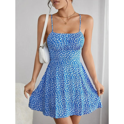 Women's summer dress, fresh and sweet floral lace-up dress, suspender skirt
