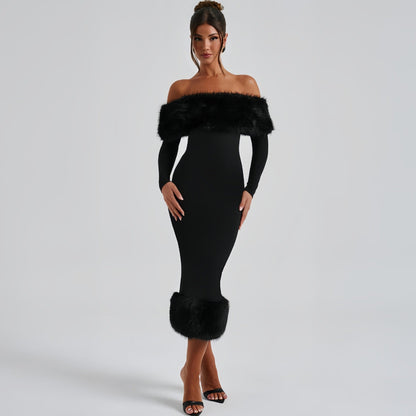 women's clothing autumn and winter fashion fur collar one-word collar long-sleeved temperament slim evening dress