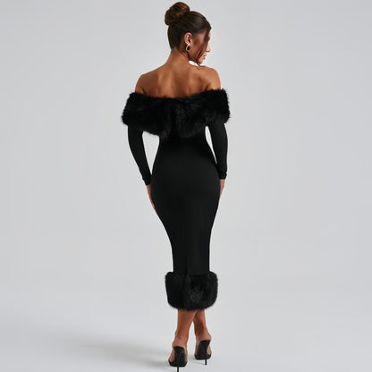 women's clothing autumn and winter fashion fur collar one-word collar long-sleeved temperament slim evening dress