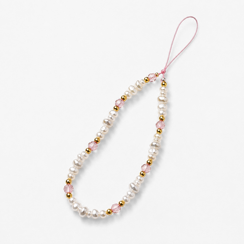 Beaded Phone Strap - Pearl, Gold & Pink