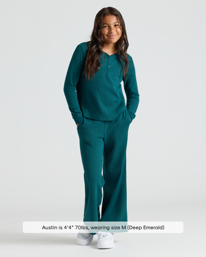 Girls Deep Emerald Waffle Long Sleeve Henley & Waffle Leg Pants 2-Pack