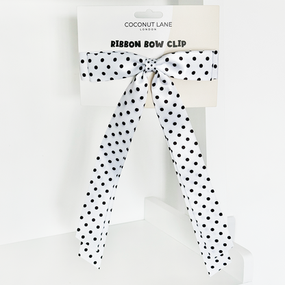 Ribbon Bow Clip - White Polka Dot