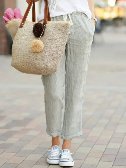 2026 Casual Pants Women Spring Summer Solid Color High Waist Drawstring Elastic Ankle-Length Pants Female Pockets Harem Trousers
