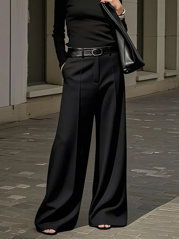 Yeezzi Women's Fashion Simple Solid Color High Waist Wide Leg Pants Loose Urban Casual Office Formal Trousers Bottoms No Belt