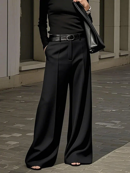 Yeezzi Women's Fashion Simple Solid Color High Waist Wide Leg Pants Loose Urban Casual Office Formal Trousers Bottoms No Belt