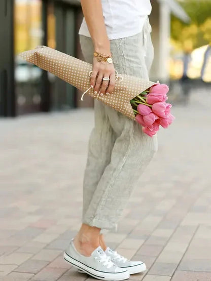 2026 Casual Pants Women Spring Summer Solid Color High Waist Drawstring Elastic Ankle-Length Pants Female Pockets Harem Trousers