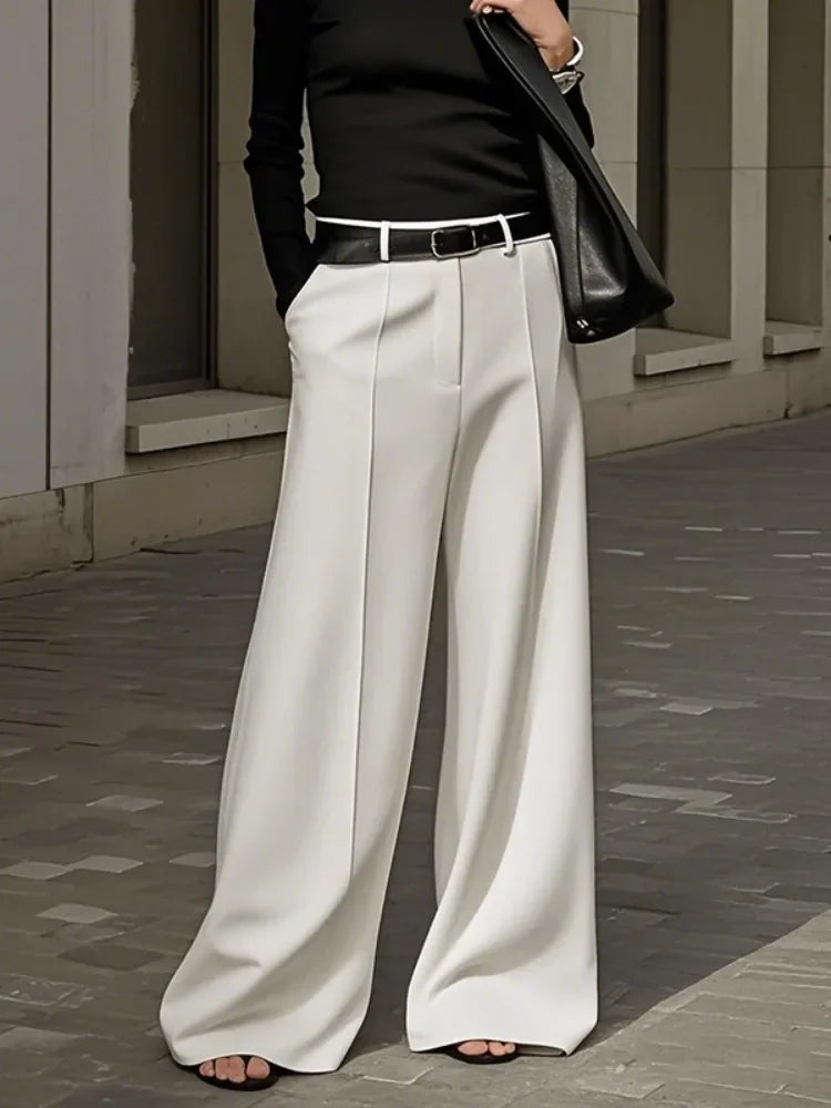 Yeezzi Women's Fashion Simple Solid Color High Waist Wide Leg Pants Loose Urban Casual Office Formal Trousers Bottoms No Belt