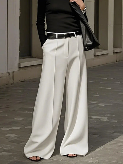 Yeezzi Women's Fashion Simple Solid Color High Waist Wide Leg Pants Loose Urban Casual Office Formal Trousers Bottoms No Belt