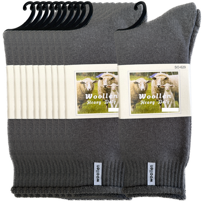 24 Pairs Grey Premium Mens Wool Socks Bulk Pack - Heavy Duty Thick Work Socks w/ Cushion