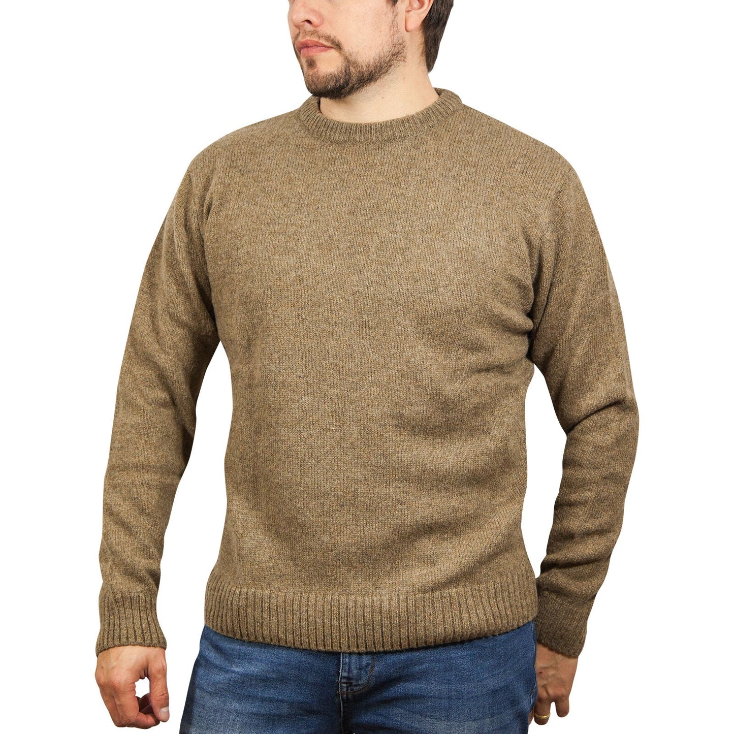 100 Shetland Wool Crew Round Neck Knit Jumper Pullover Mens Sweater Knitted Nutmeg