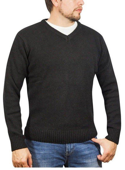 100 Shetland Ragg Wool V Neck Knit Jumper Pullover Mens Sweater Knitted Plain Black